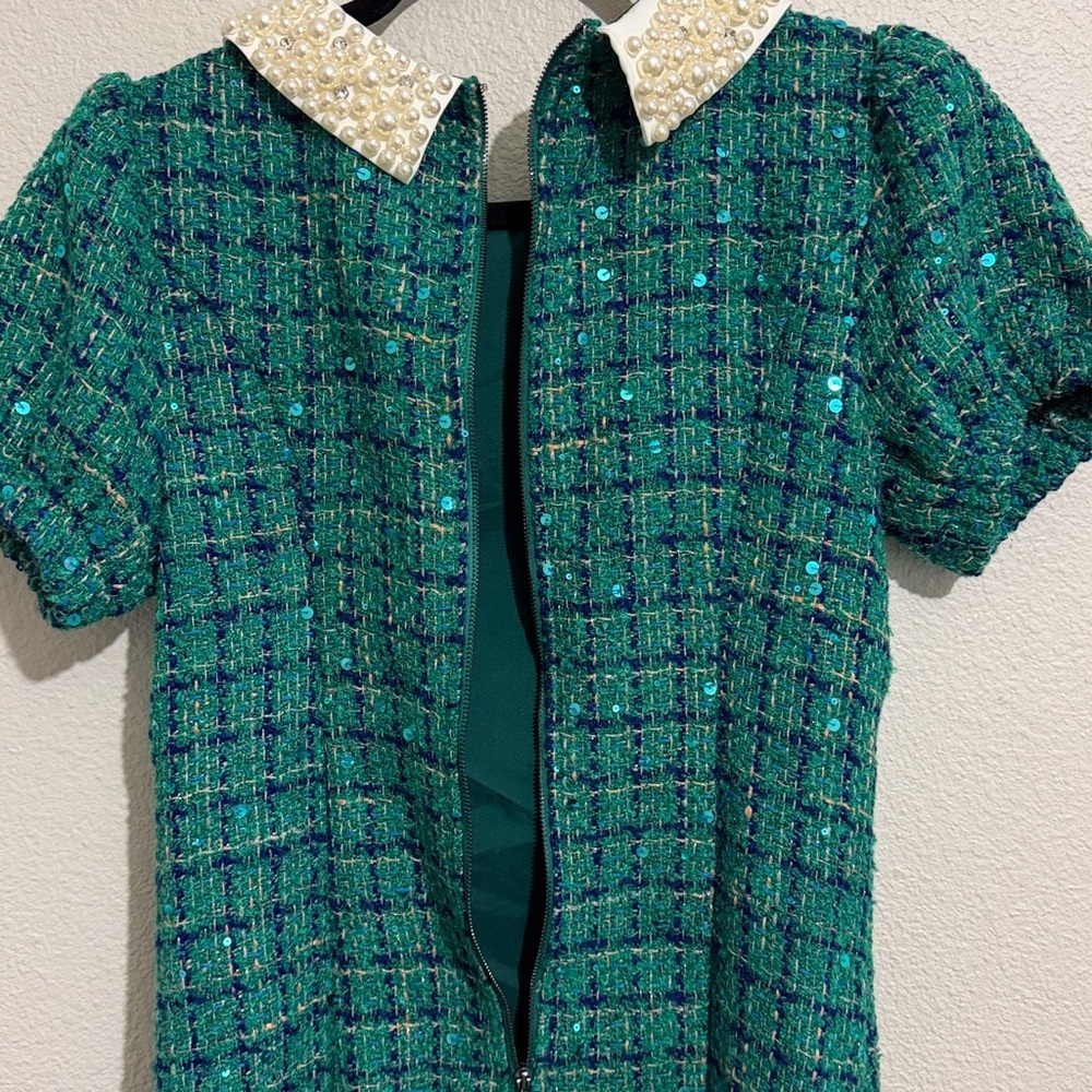 Fate Emerald Tweed Dress with Pearl Accents Collar Sequins - Picture 7 of 7